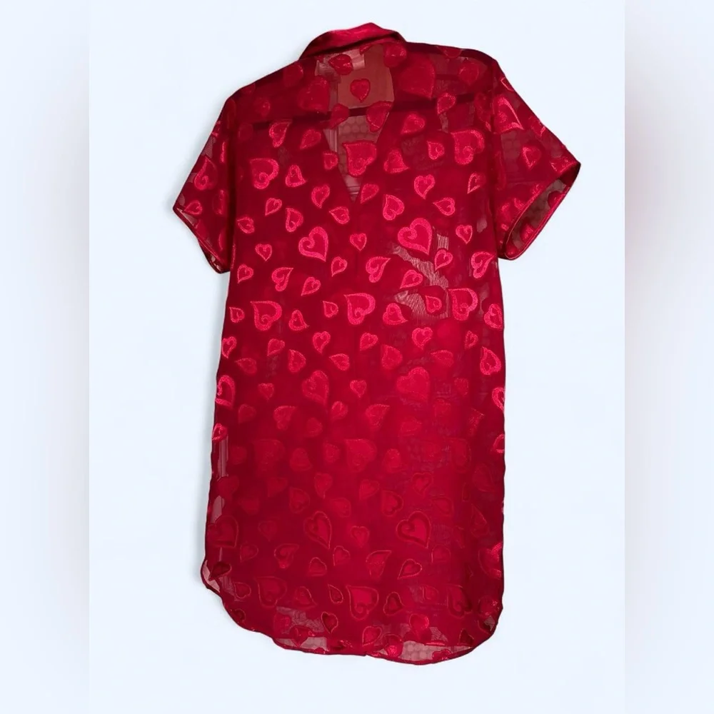 Vintage Sophia Delicates Red heart print sheer button up sleep shirt dress - Picture 2 of 6